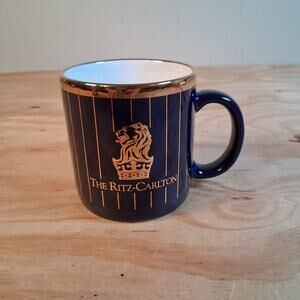 The Ritz Carlton Luxury Hotel Coffee Mug Cobalt Blue 22K Gold Lion Crown Logo